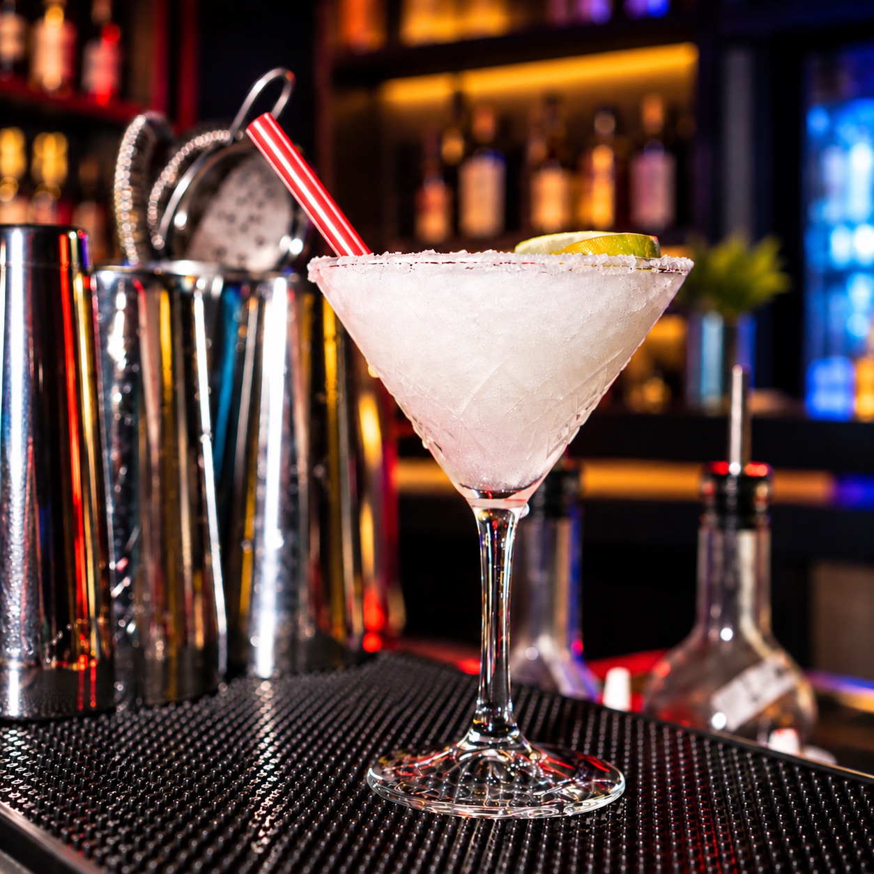 Coctel preparado junto a utensilios de barra